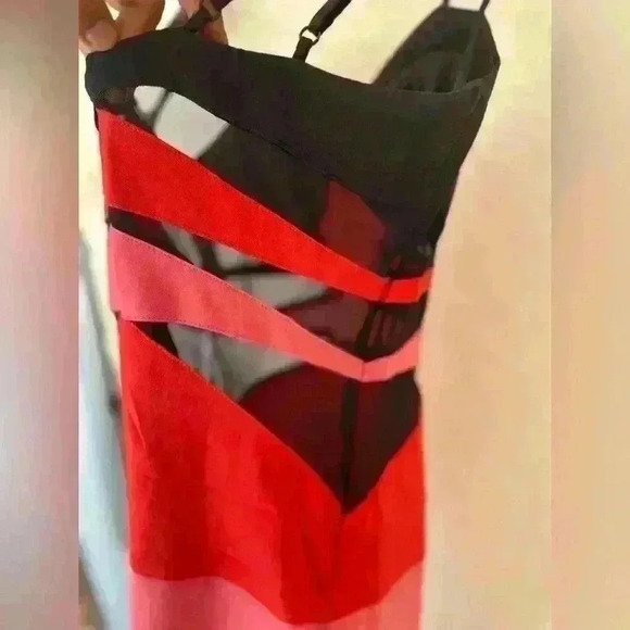 XOXO Colorblock Dress Orange Pink Sheer Panels Stretch Size M - Picture 7 of 15